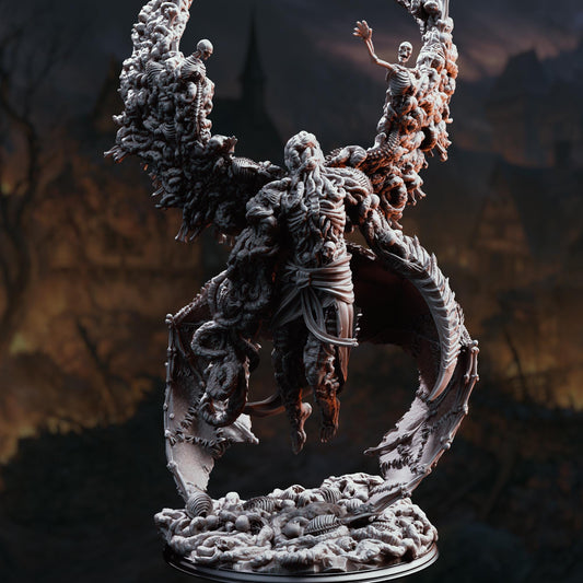 A detailed 3D model of a fantastical creature with intricate, organic-looking features, including a skull-like face, wings, and a tail. The creature appears to be a winged, skeletal figure with a long, flowing tail. The background is dark and shrouded in shadows, creating a mysterious and eerie atmosphere.