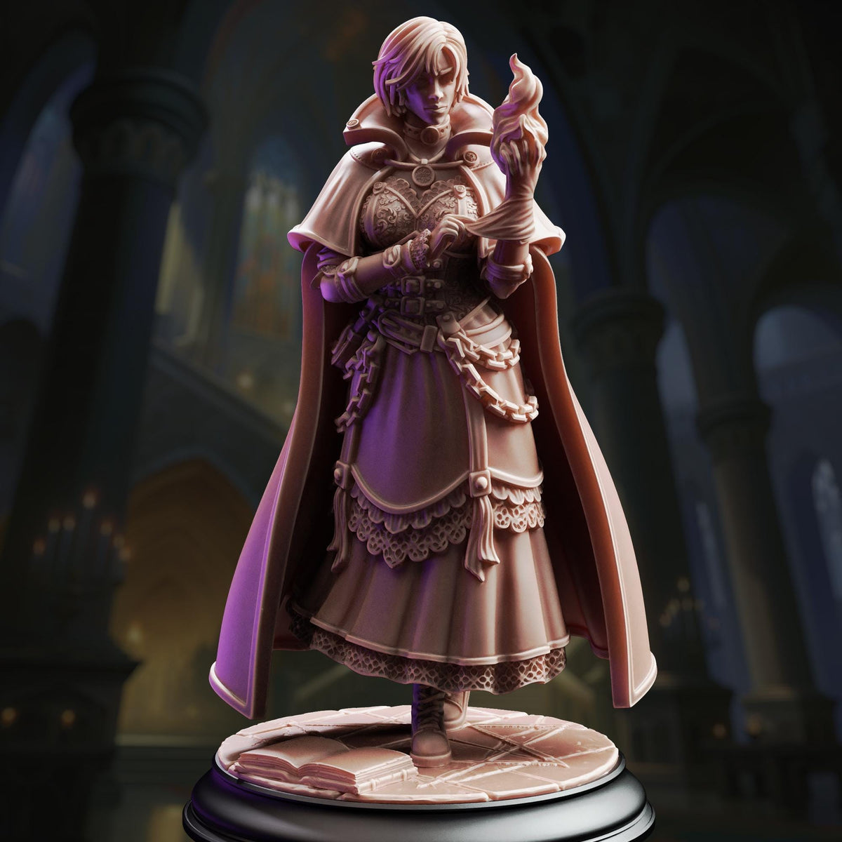 A detailed 3D model of a female character wearing a long, ornate dress and a cape, standing in a dimly lit, Gothic-style setting.