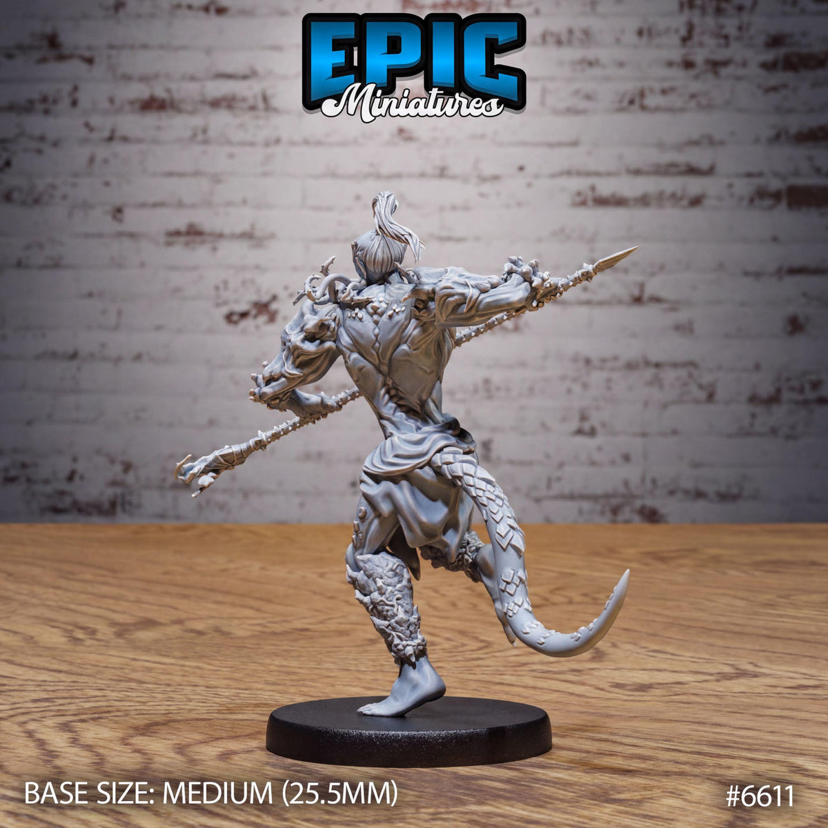 A figurine of a warrior-like character with a long sword and ornate armor, standing on a black base.
