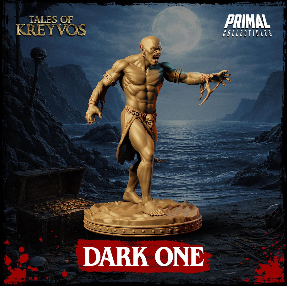 A golden statue of a muscular, bearded man with a fierce expression stands on a pedestal, surrounded by a dark, rocky landscape with a full moon in the background.