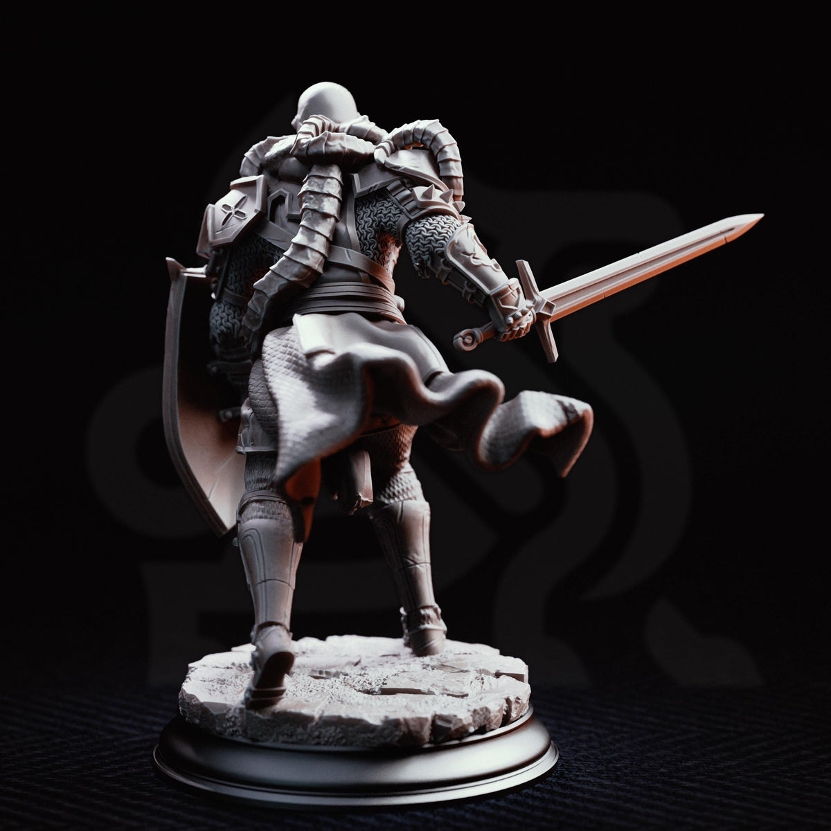 A detailed 3D model of a knight in armor, holding a sword and shield, standing on a pedestal against a dark background.