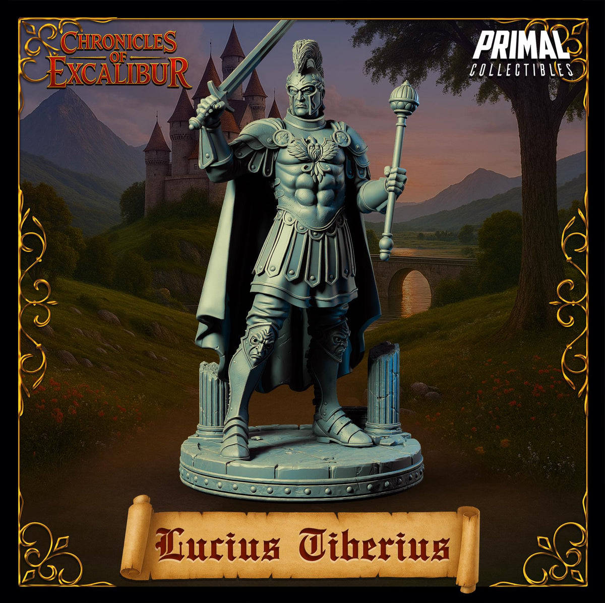 A statue of a muscular, armored figure holding a sword and shield, standing in front of a castle-like structure against a mountainous landscape.
