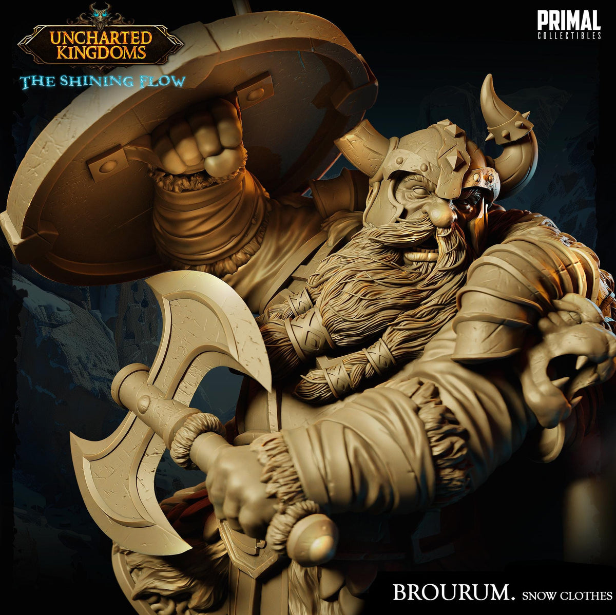A detailed 3D model of a fantasy character, likely a dwarf or gnome, with a large shield and a beard. The character is holding a large weapon, possibly a sword or a spear, and appears to be in a fighting stance. The background is dark and mysterious, creating an atmosphere of adventure and danger.