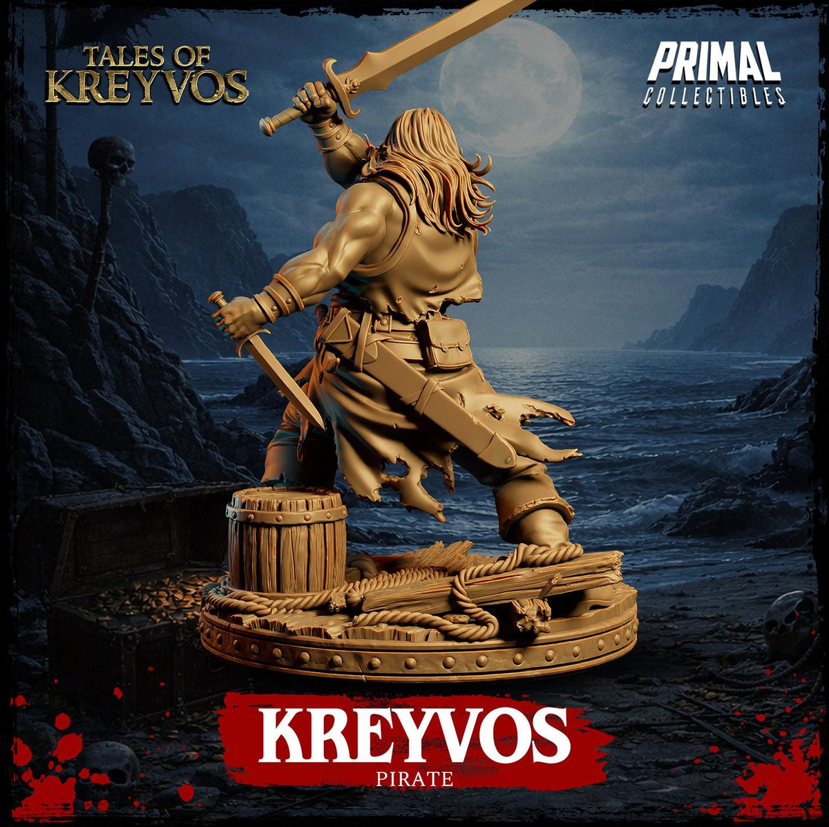 The image is a promotional poster for a video game called "KREYVOS" featuring a pirate character. The pirate is depicted in a dynamic pose, holding a sword and standing on a wooden barrel. The background shows a dark, stormy landscape with a full moon. The title "KREYVOS" is prominently displayed, and the game is identified as "PRETTY COLLECTIBLE".