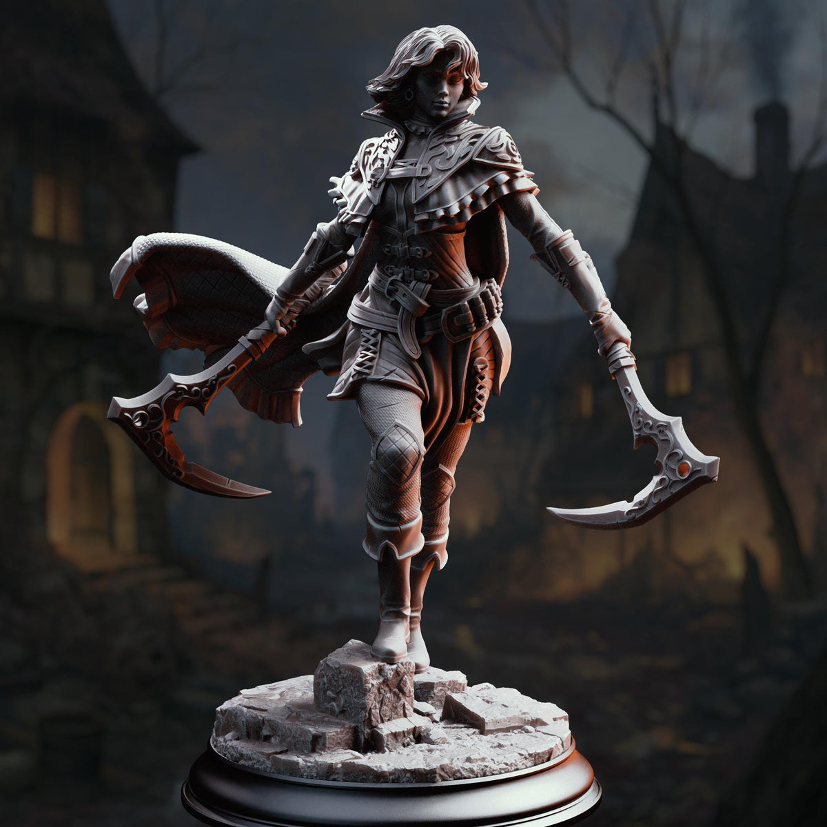 A detailed 3D rendering of a female warrior figure, holding a sword and shield, standing on a rocky base against a dark, foggy background.