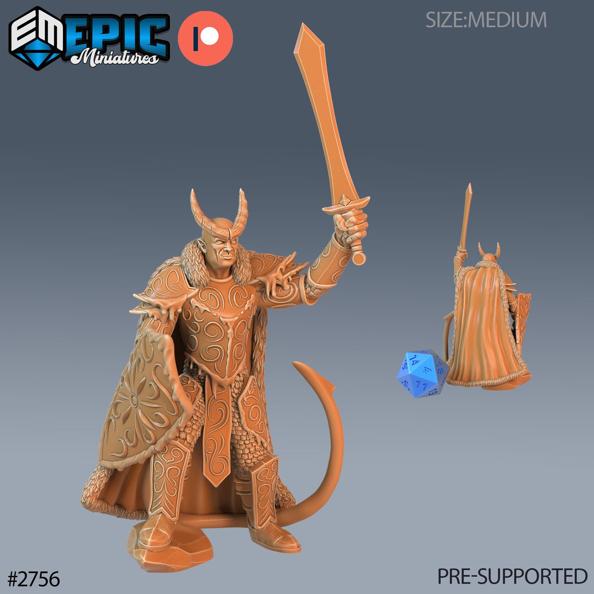 a 3D model of a knight in armor, holding a sword and a die. The knight is wearing a helmet with horns and a cape, and the die is placed on the ground next to the knight. The image is a collage of multiple images, and it is pre-supported, meaning it is not a new image and has been provided for use in a project or game.