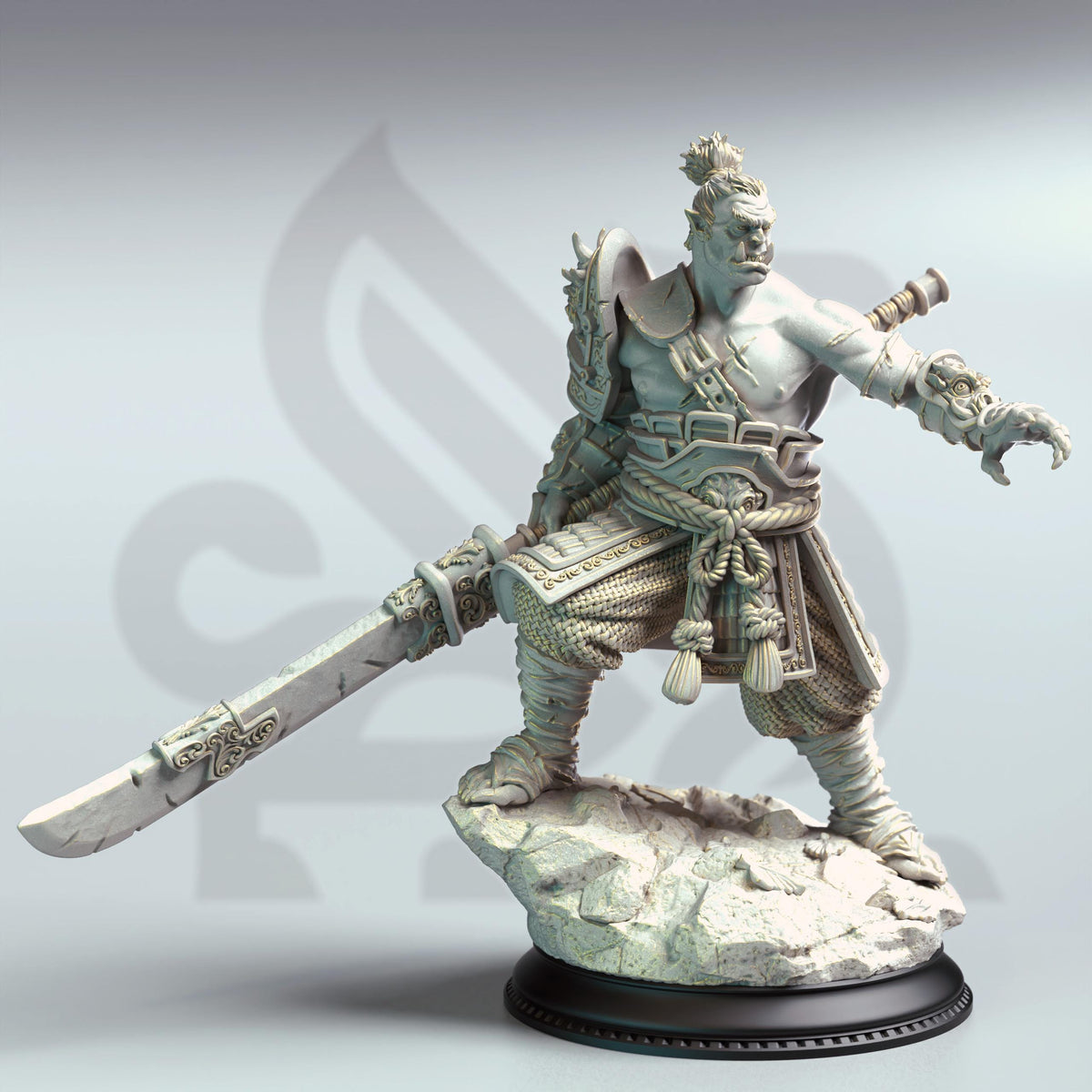 A detailed 3D model of a warrior figure, holding a sword and shield, standing on a rock formation.