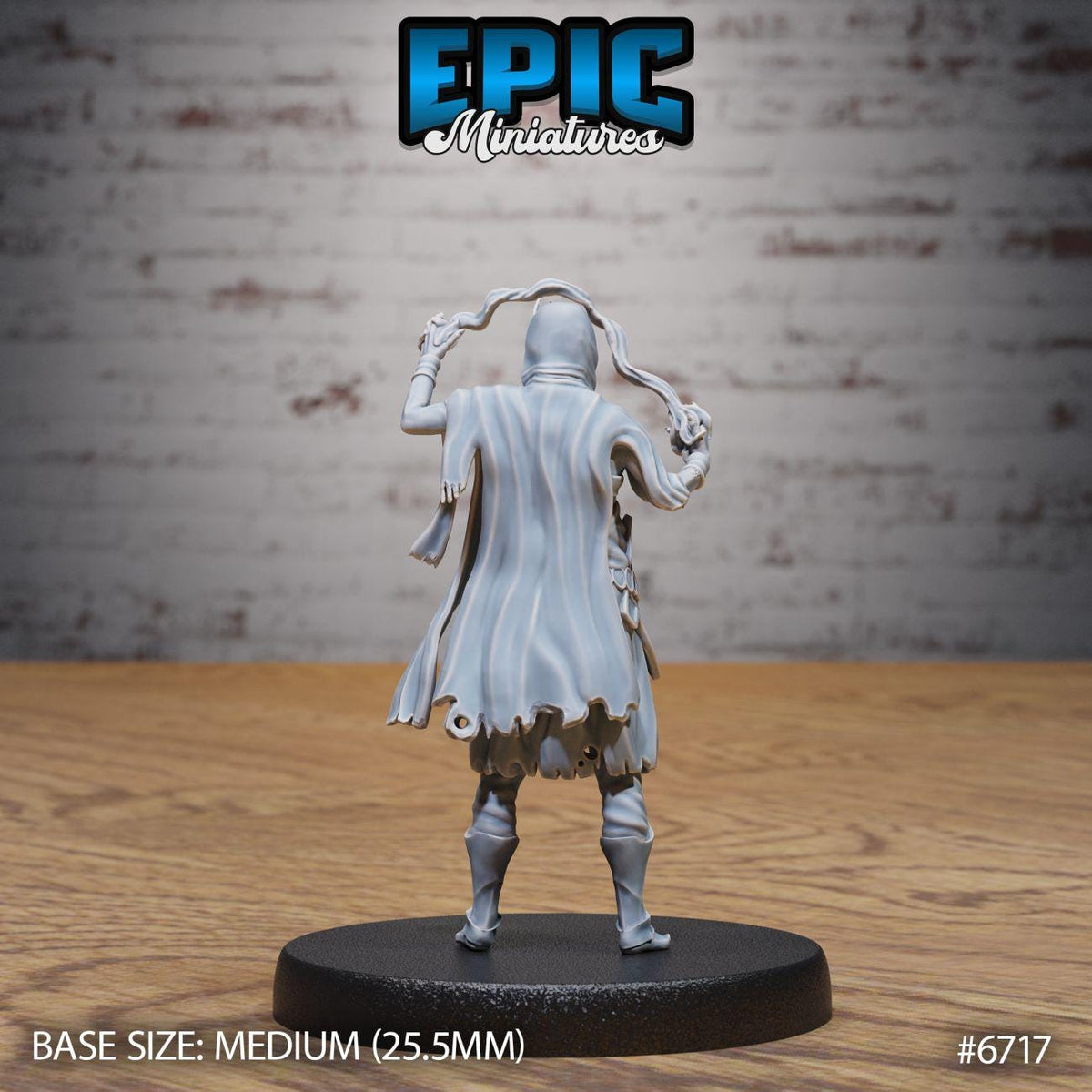 A figurine of a person standing on a black base, with a brick wall in the background. The figurine appears to be a miniature model of a character, possibly from a video game or tabletop game.