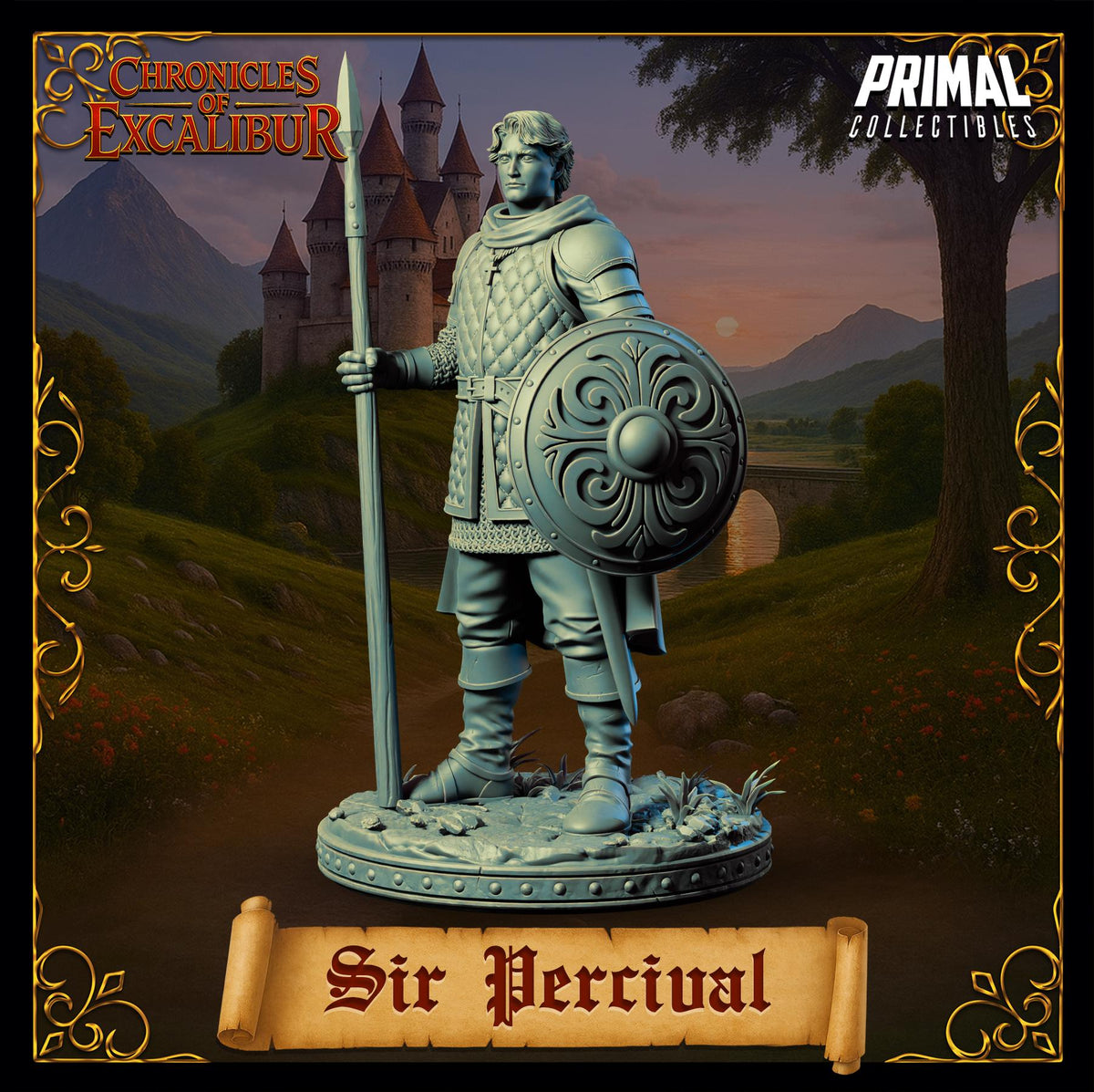 A statue of a knight holding a shield and sword, standing in front of a castle in a fantasy setting.