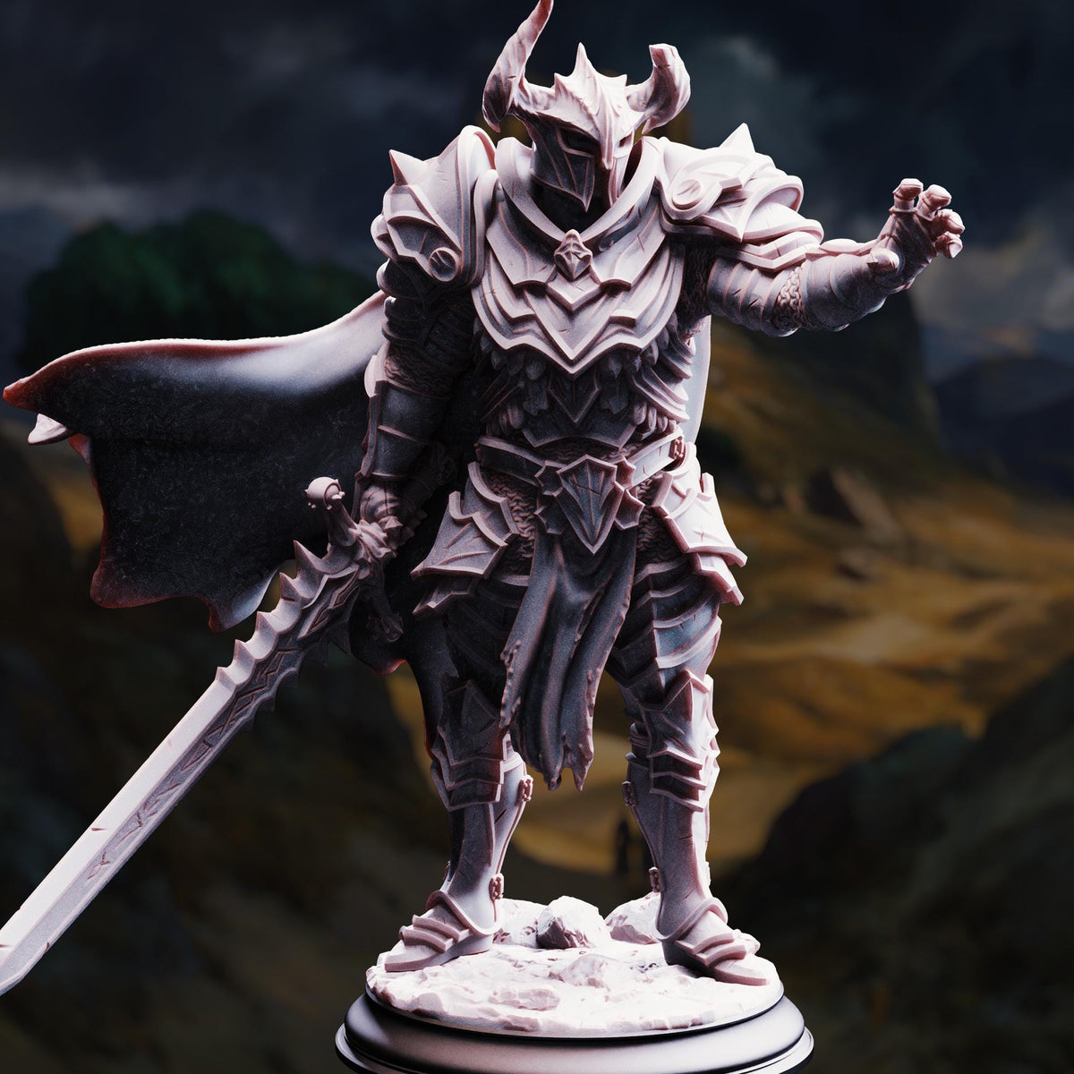 A detailed 3D model of a knight in armor, standing in a dramatic pose with a sword in hand, against a dark and stormy background.