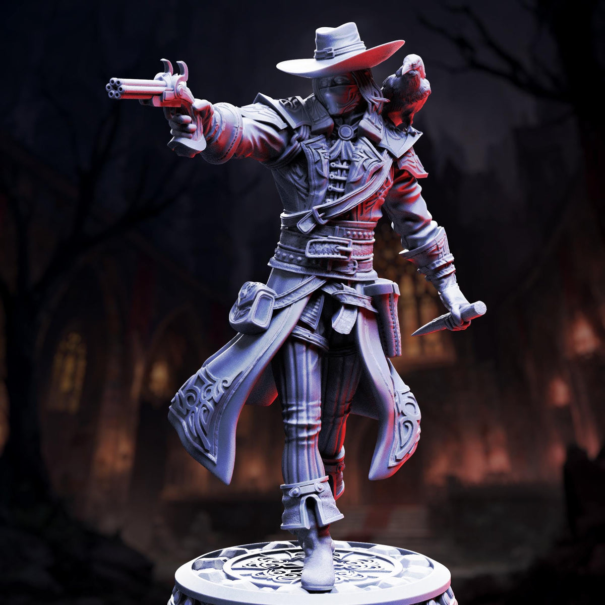 A detailed 3D model of a character in a cowboy hat and leather outfit, holding a gun and sword, standing in a dark, mysterious setting.