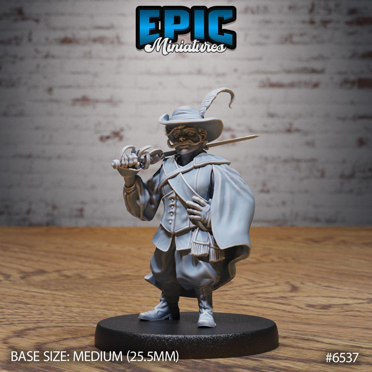 A figurine of a person wearing a hat and holding a sword, standing on a black base.