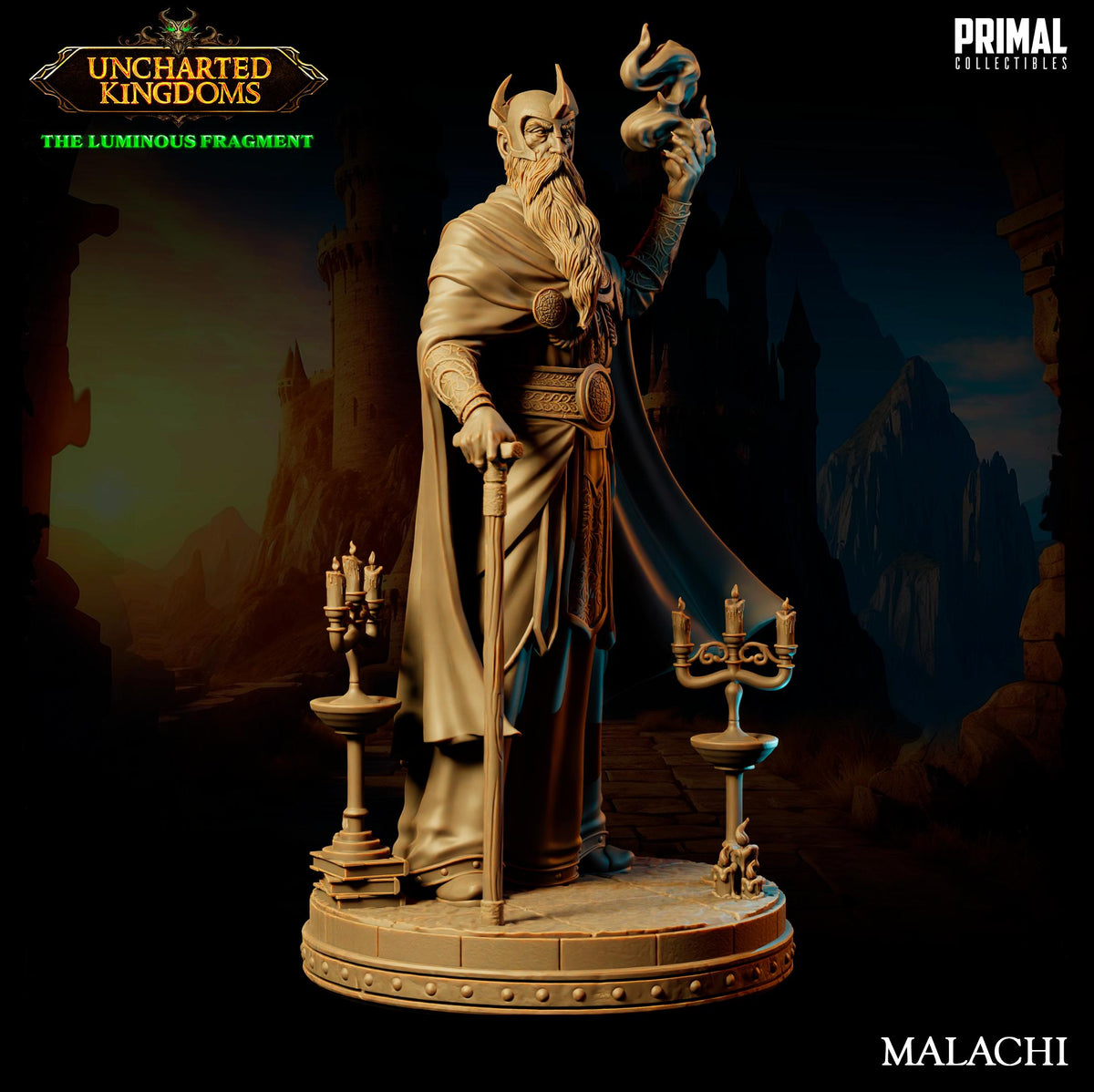 a statue of a bearded, horned figure holding a staff and a staff-like object, standing on a pedestal. The background includes a castle-like structure and a mountainous landscape. The statue is labeled "MALACHI" at the bottom.
