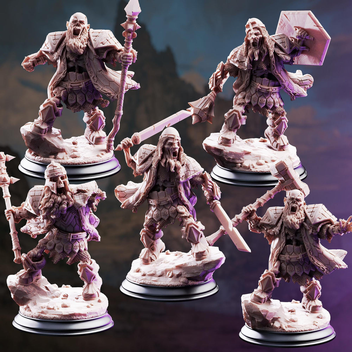 five detailed figurines of fantasy characters, each with unique poses and weapons, set against a dark background.