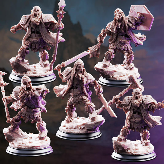 five detailed figurines of fantasy characters, each with unique poses and weapons, set against a dark background.