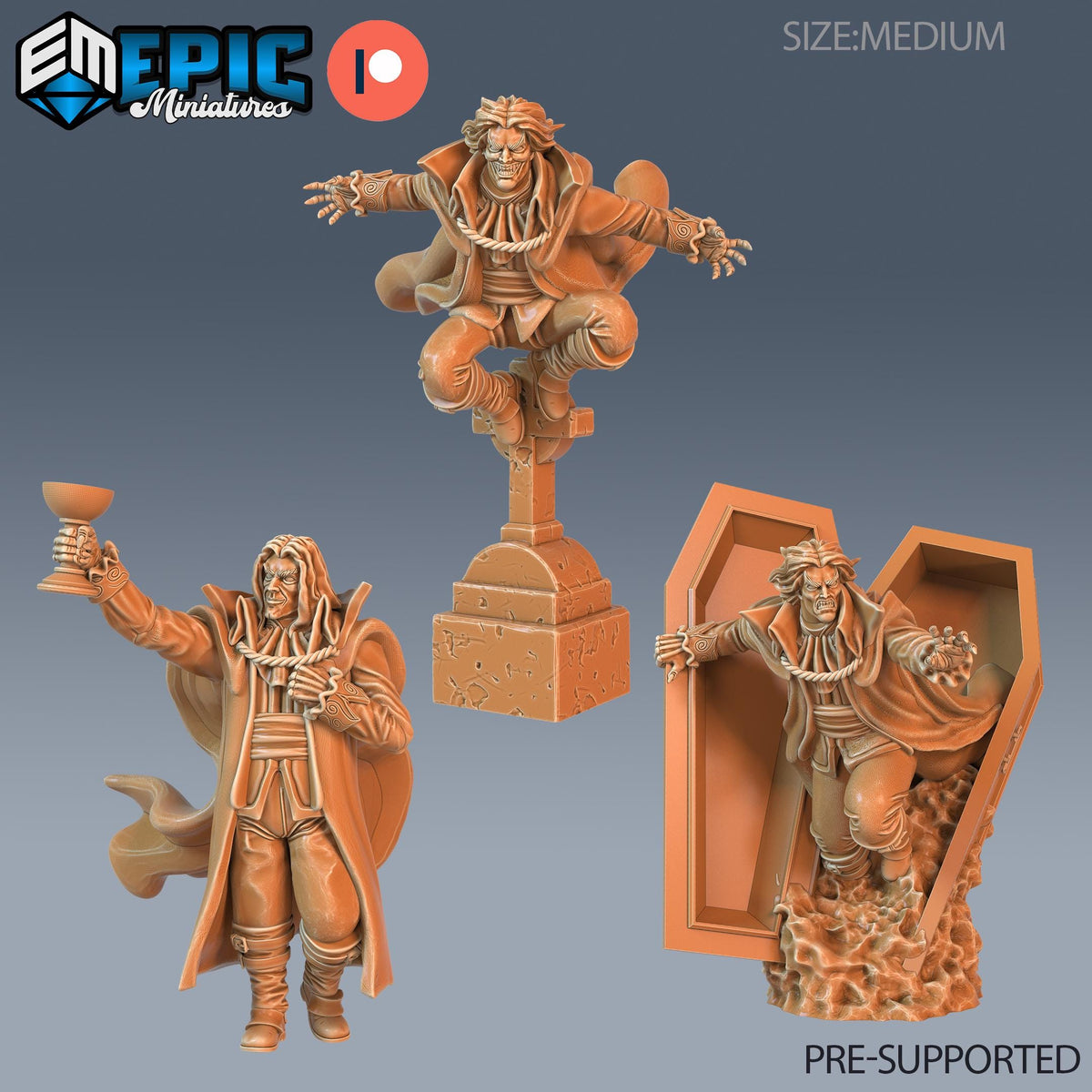 three bronze figurines depicting characters in various poses, including one standing on a pedestal, another in a casket, and a third holding a cup. The figurines are labeled as "PRE-SUPPORTED" and are part of the "EPIC MINIATURES" collection.
