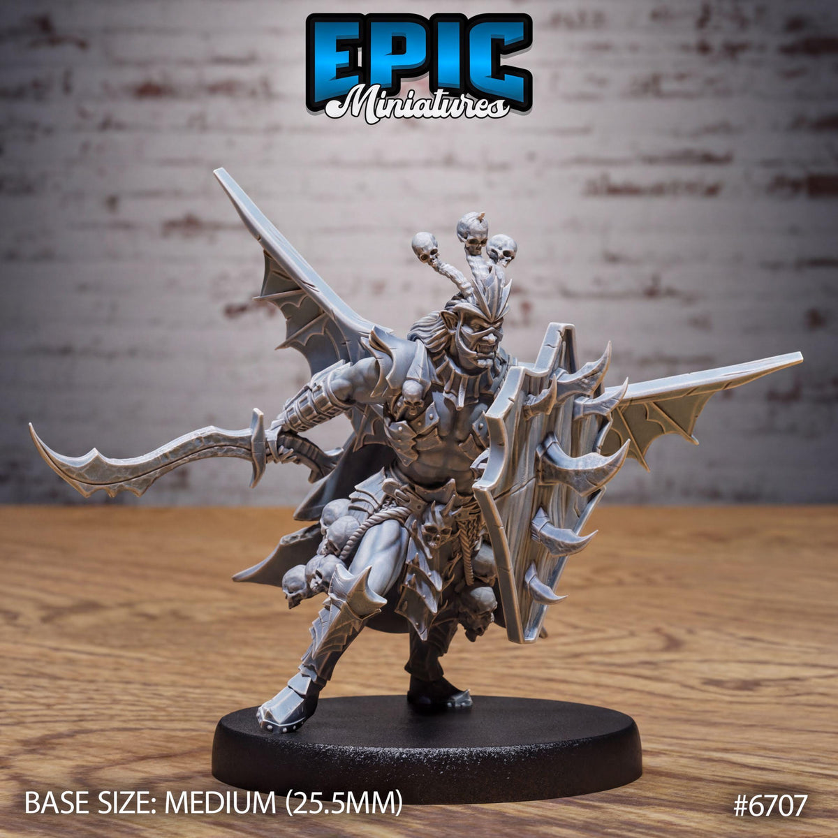 a detailed figurine of a winged warrior standing on a black base, holding a shield and sword. The figurine is made of a material that resembles metal and has a gray color. The figurine is placed on a wooden surface, and there is a brick wall in the background. The image is described as a "MEDIUM" size, with a base size of 25.5mm. The figurine is numbered #607.