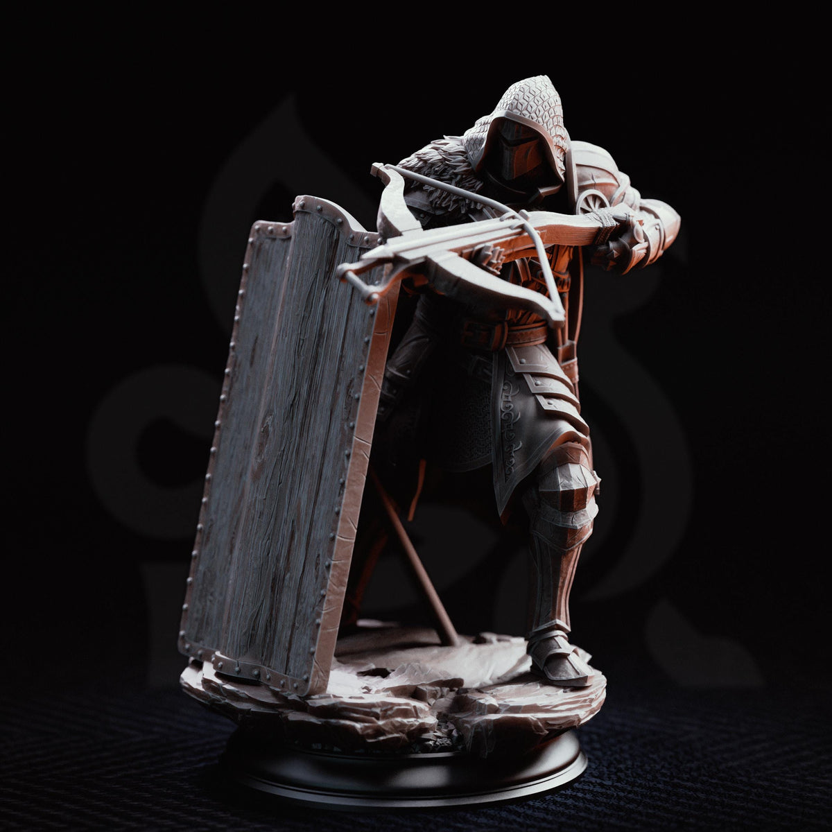A detailed 3D model of a knight in armor, holding a crossbow and shield, standing on a base.