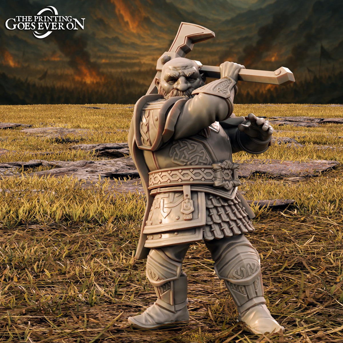 A 3D rendering of a heavily armored and battle-ready dwarf figure, wielding a large weapon, standing in a grassy field with mountains in the background.