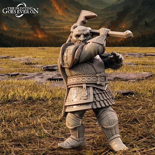 A 3D rendering of a heavily armored and battle-ready dwarf figure, wielding a large weapon, standing in a grassy field with mountains in the background.