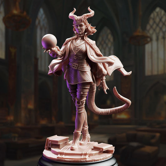 A detailed 3D model of a female character with horns, standing in a dark, ornate room with arched windows.