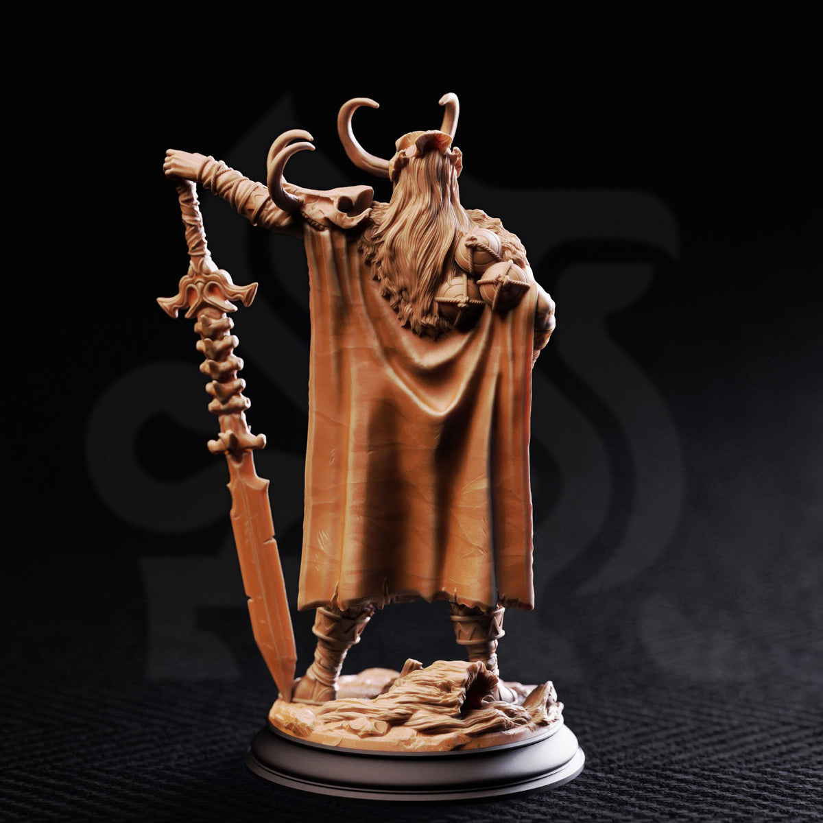 A detailed 3D model of a warrior figure, holding a sword and standing on a base, against a dark background.