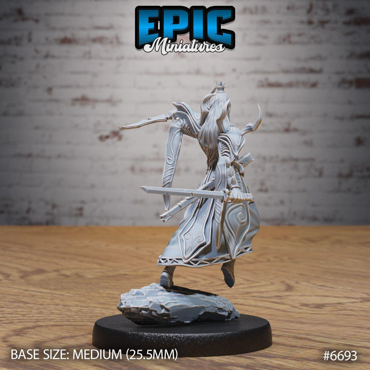 A figurine of a warrior figure, likely from the video game Epic Miniatures, is displayed on a black base. The figurine is depicted in a dynamic pose, with a sword in hand, and is set against a brick wall background.