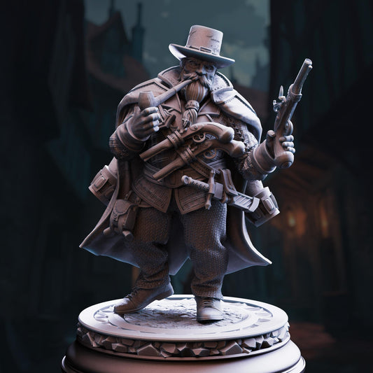 A detailed 3D rendering of a character wearing a top hat and holding a gun, standing on a pedestal.
