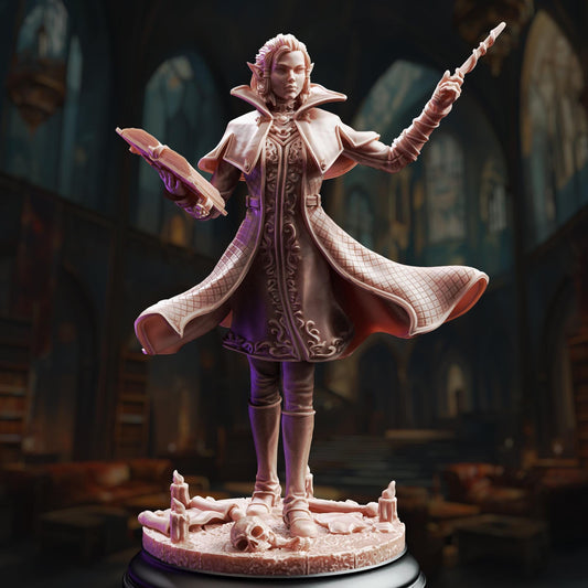 A detailed figurine of a woman with a flowing robe and a staff, standing in a dark, ornate room with arched doorways and shelves filled with books.