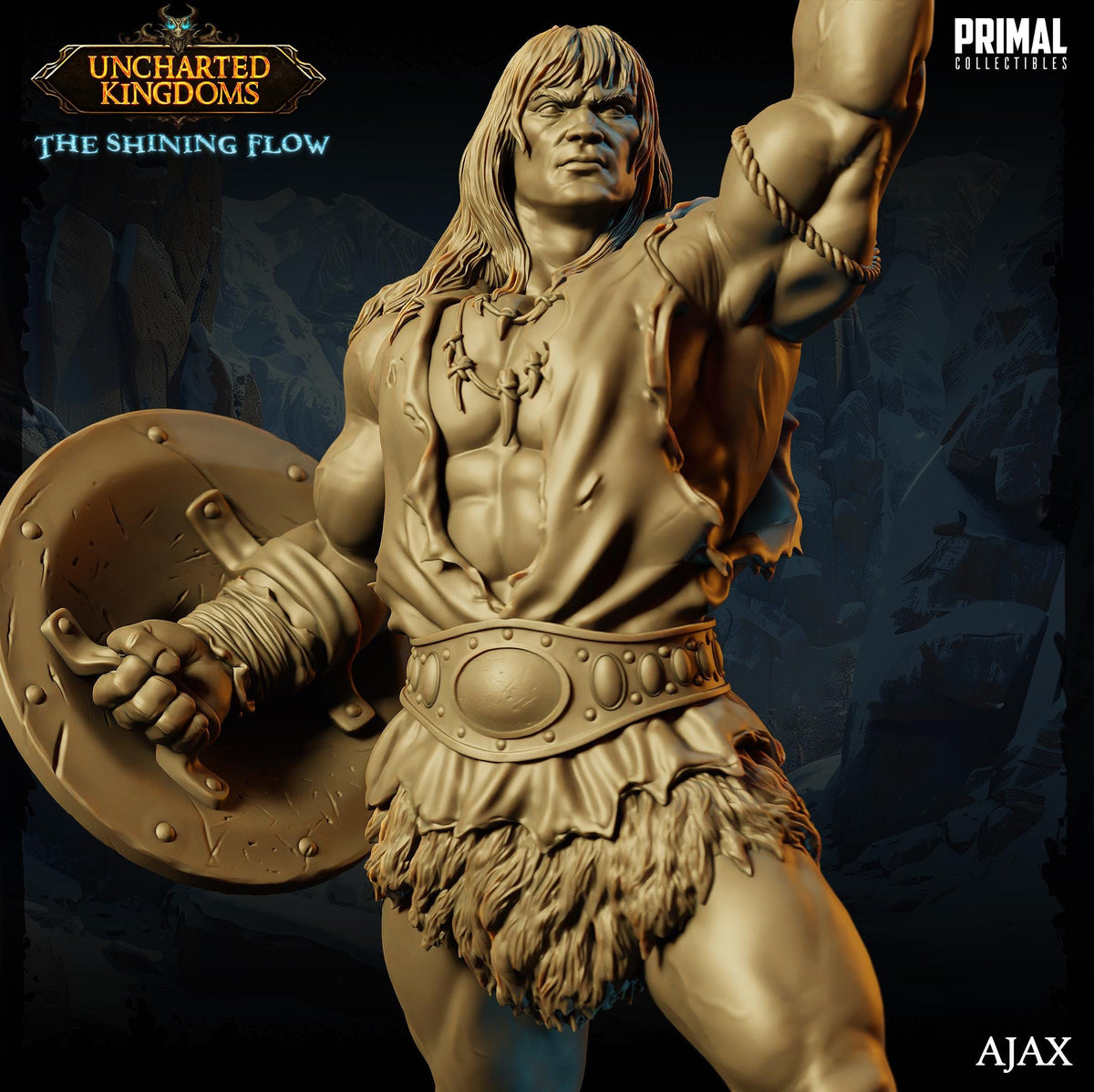 The image is a detailed statue of a muscular, bearded warrior figure holding a shield and sword, set against a dark, rocky background.