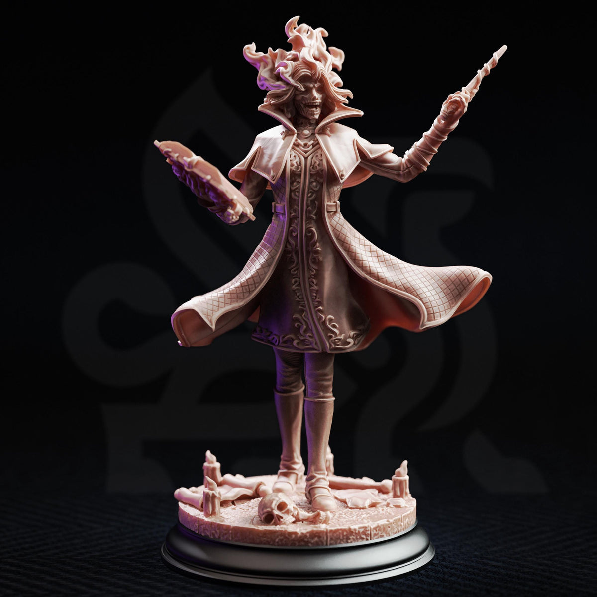 A detailed 3D model of a female character with a flowing robe and a large headdress, holding a staff and a shield, standing on a pedestal against a dark background.