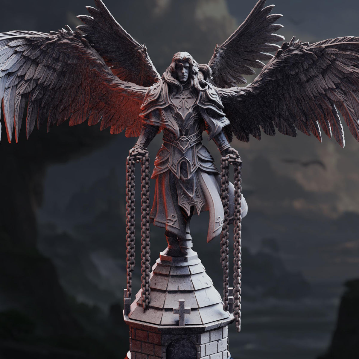 A detailed 3D rendering of a winged statue with a chain around its neck, standing on a pedestal.