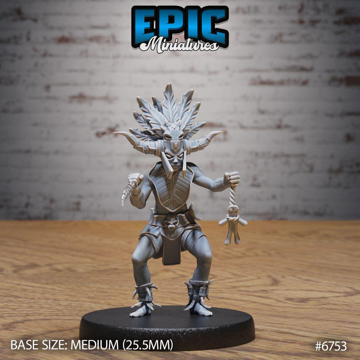 A figurine of a character with a large headdress and a doll in their hand, standing on a black base.