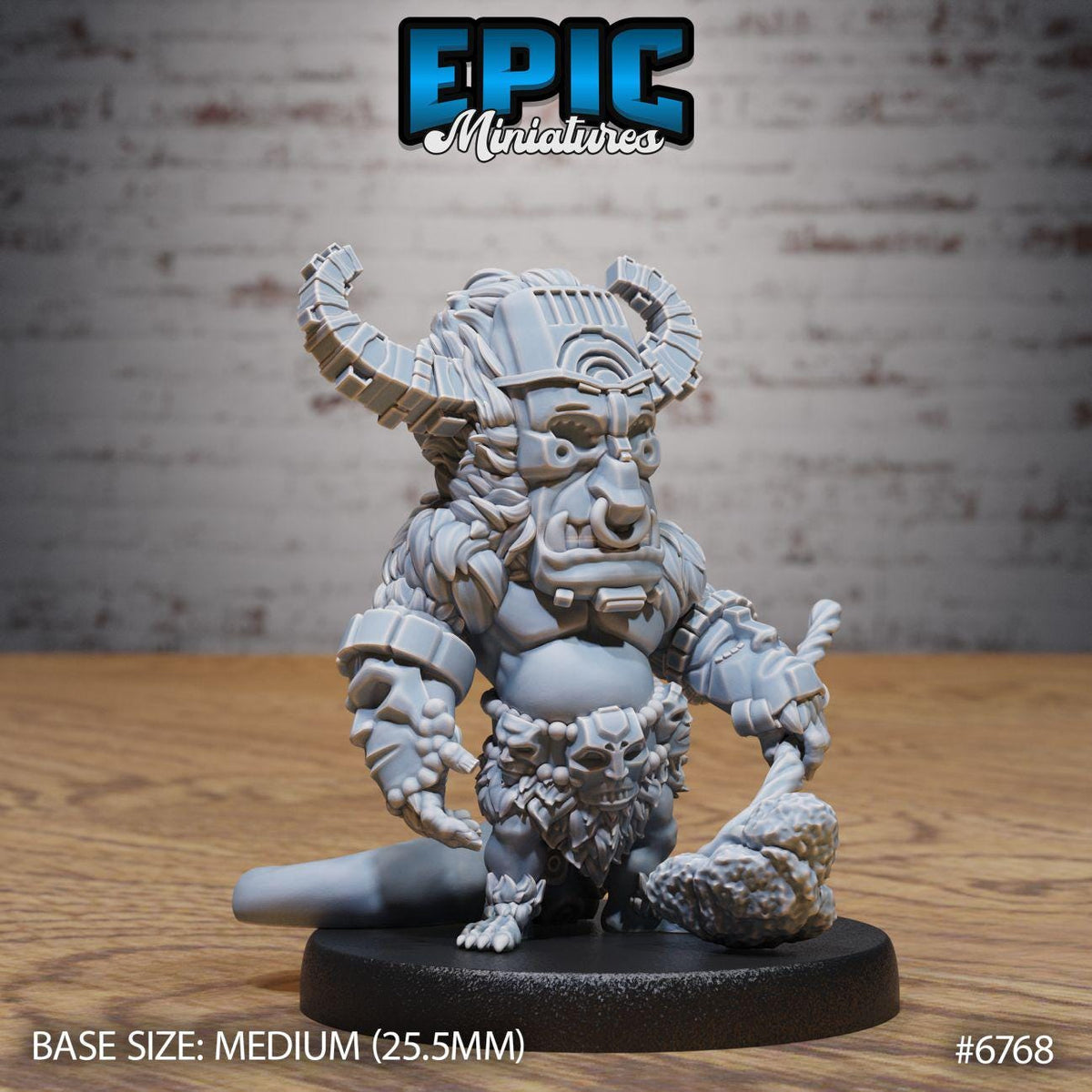 a detailed miniature figurine of a fantastical creature, likely a dragon or monster, with intricate details and a large head. The figurine is placed on a black base and is described as a "MEDIUM" size, with a "BASE SIZE: 25.5MM" indication. The image is part of a collection, as indicated by the number "#6768" at the bottom.