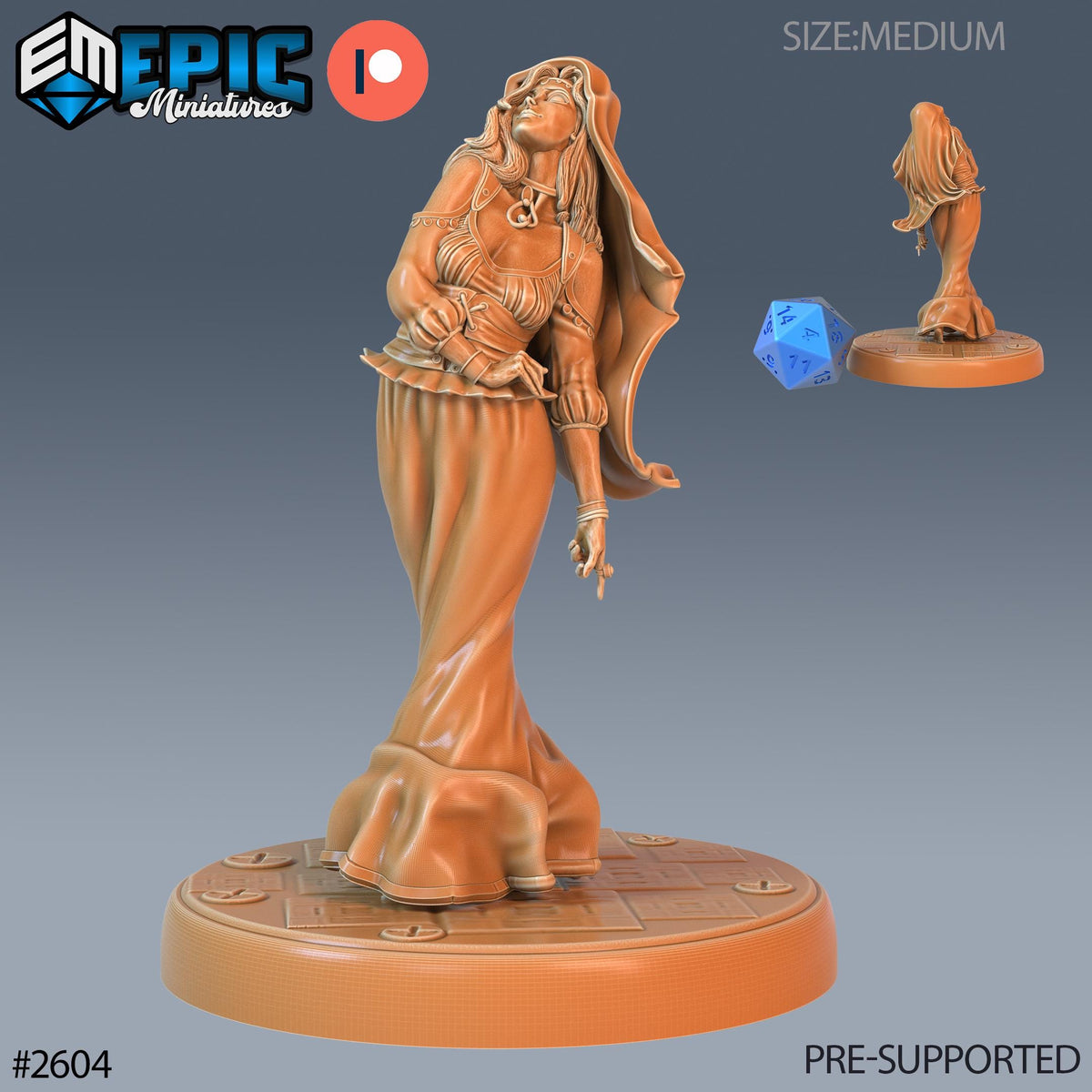 The image is a 3D model of a female character, possibly a fantasy or mythological figure, standing on a platform. The character is depicted in a dynamic pose, with one arm extended and the other bent at the elbow. The image is labeled as a "PRE-SUPPORTED" version, indicating that it has been provided for use in a project or game.