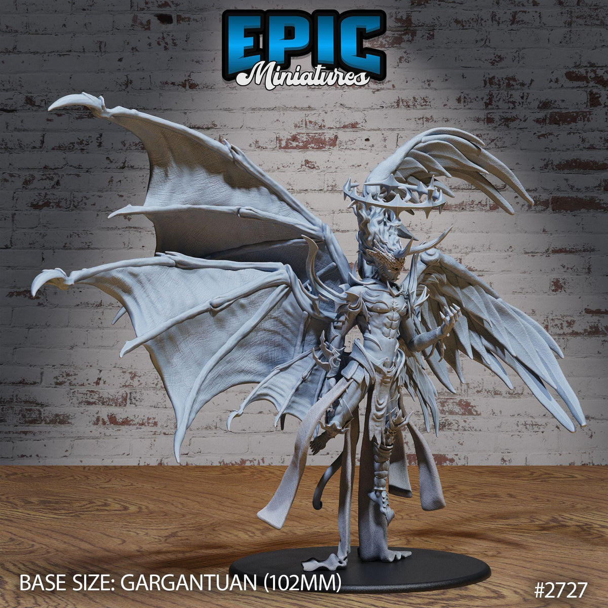 A 3D model of a winged, armored figure with a large head and a long, flowing cape, standing on a black base. The figure appears to be a fantasy character, possibly from a video game or other media.