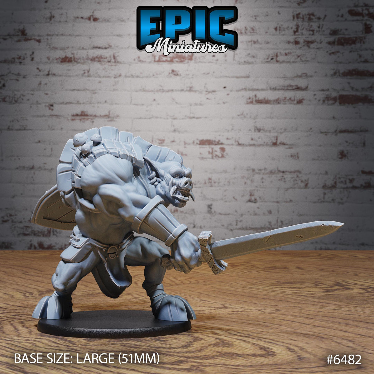 A large gray warrior figurine is depicted in a fighting stance, holding a sword and shield, against a brick wall background.
