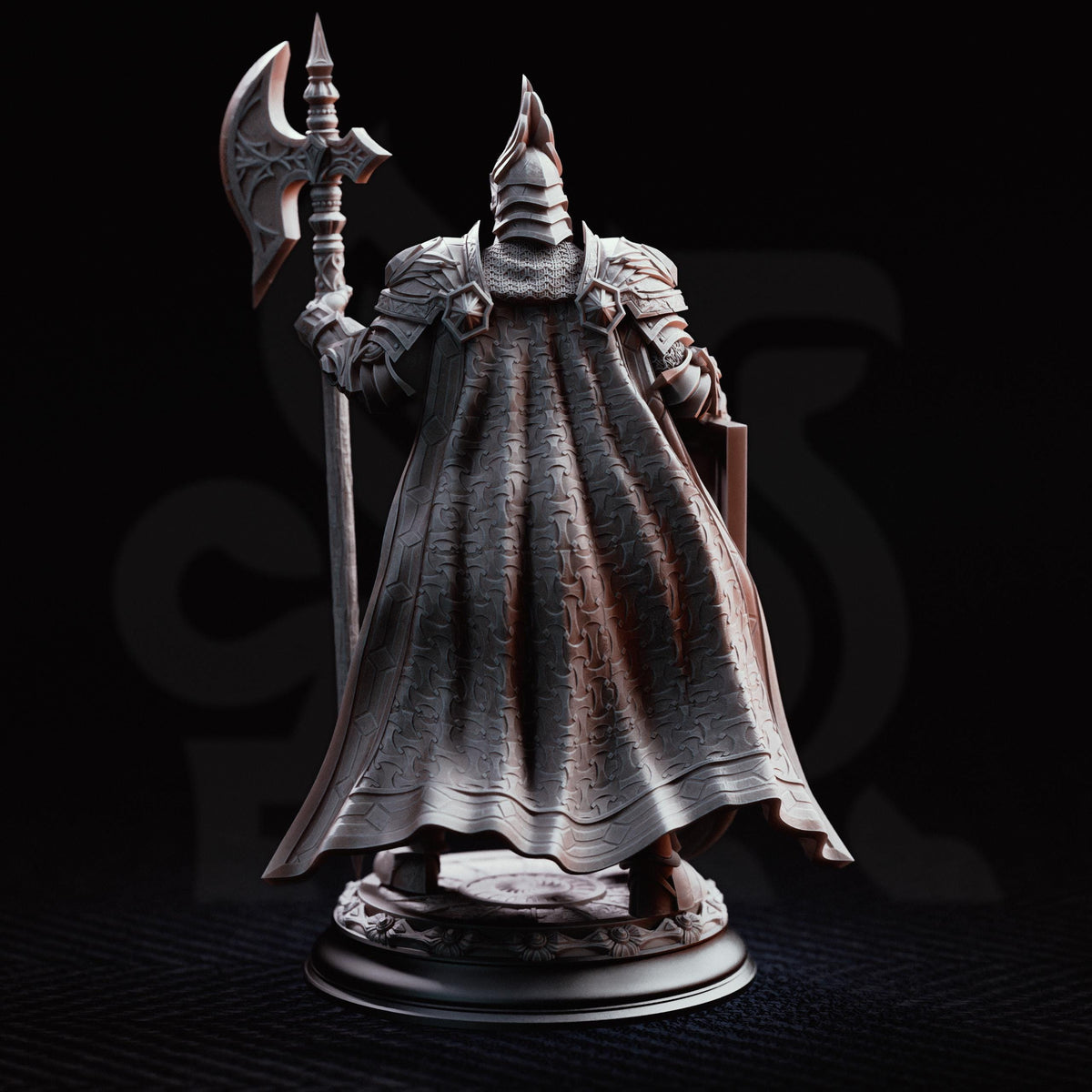 A detailed 3D model of a knight in armor, standing on a base and holding a sword.