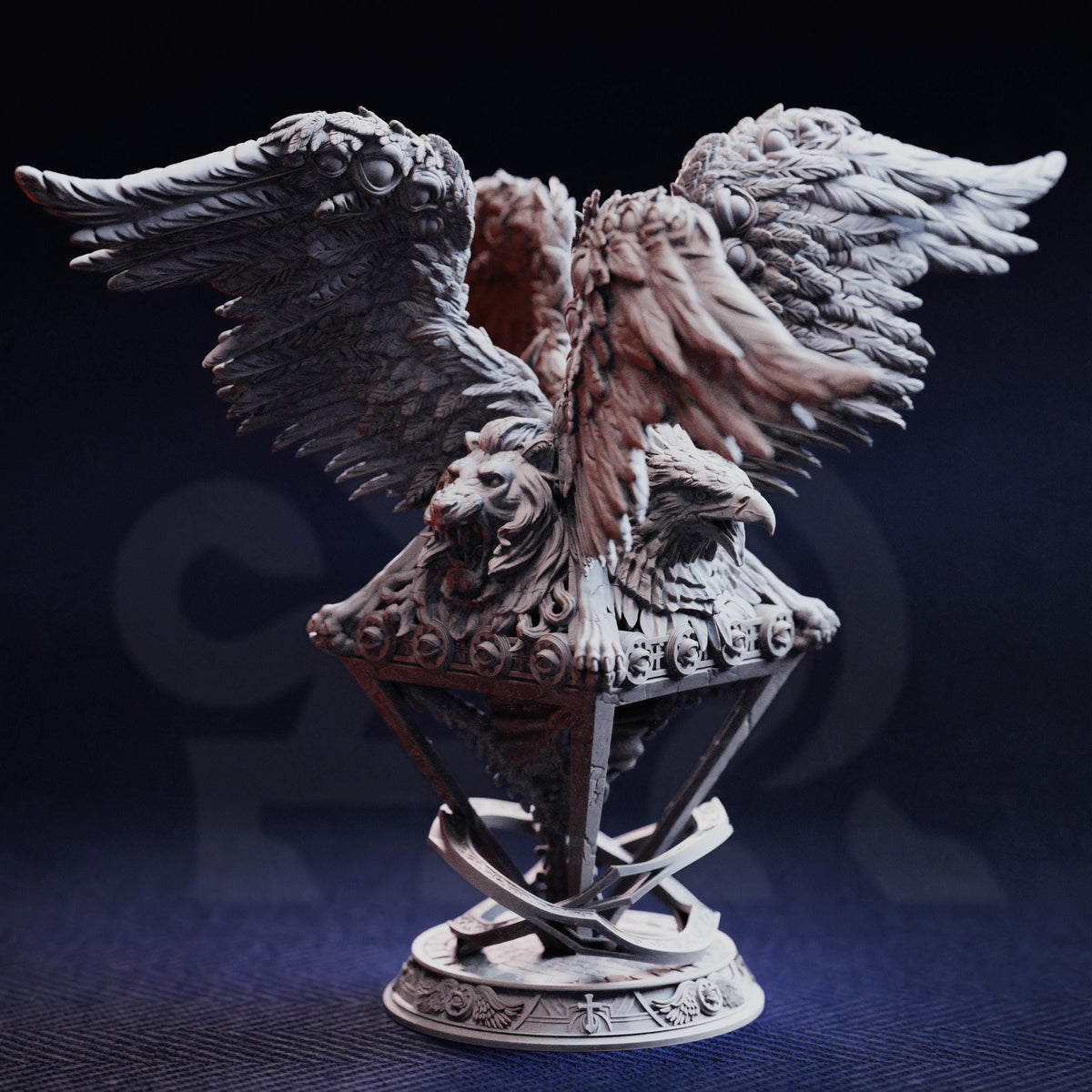 A detailed sculpture of a winged creature with a lion's head, set against a dark background.
