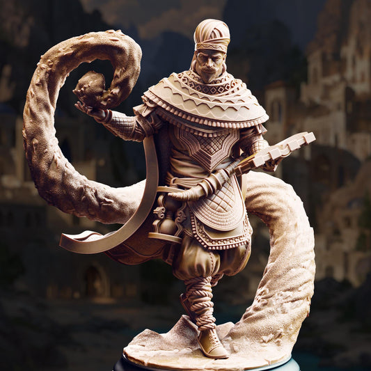 A detailed 3D model of a knight figure, holding a sword and shield, standing in a fantastical setting with mountains in the background.