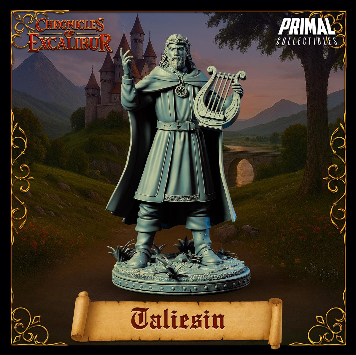 a statue of a man holding a harp, standing in front of a castle and a bridge. The statue is titled "Talesin" and is part of the "Chronicles of Excalibur" series.