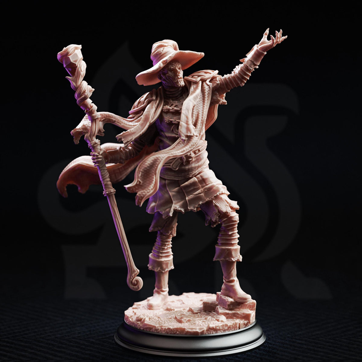 A detailed 3D model of a wizard or magical figure, standing on a pedestal and holding a staff or staff-like object.