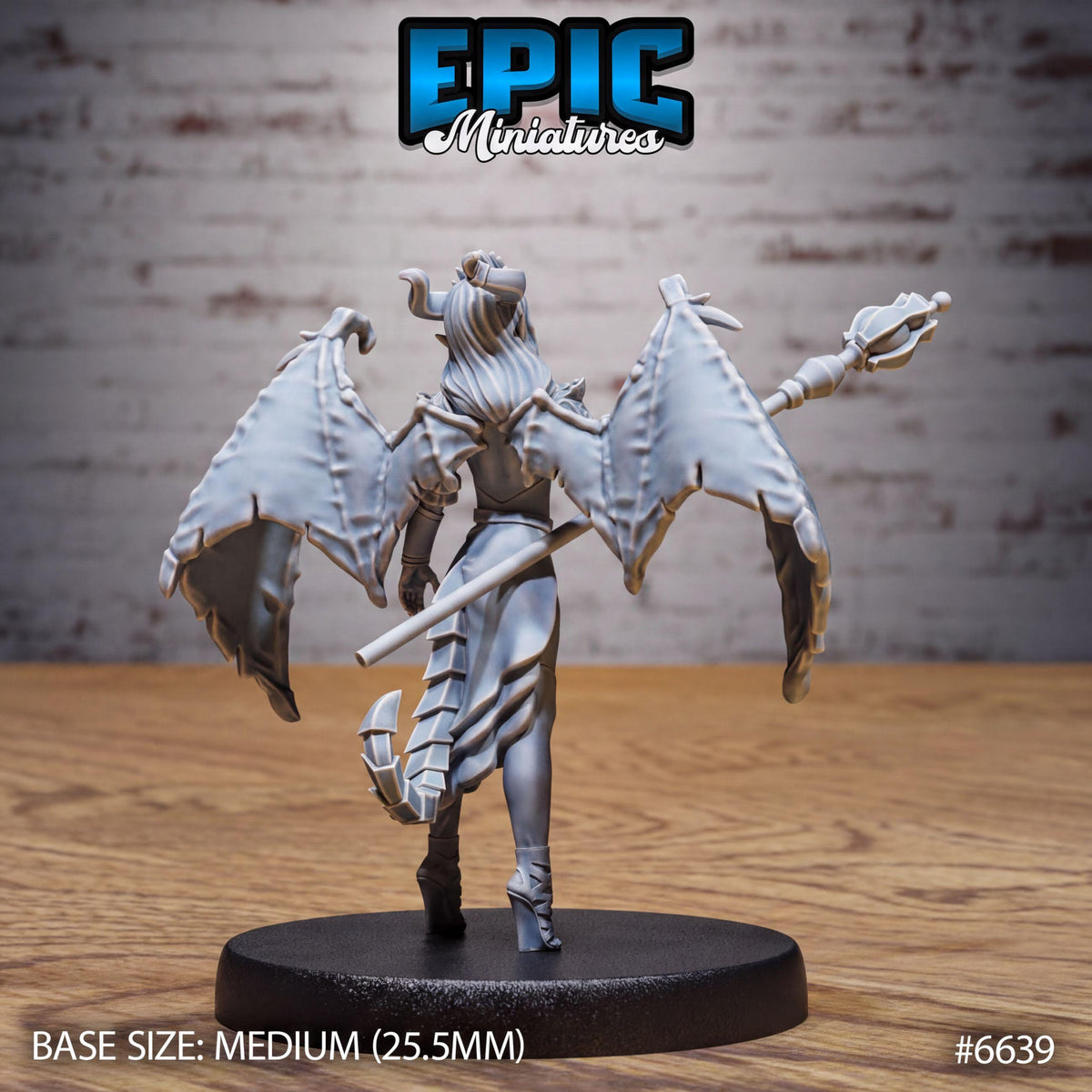 A 3D model of a female character with wings, standing on a black base and holding a weapon. The background is a brick wall.