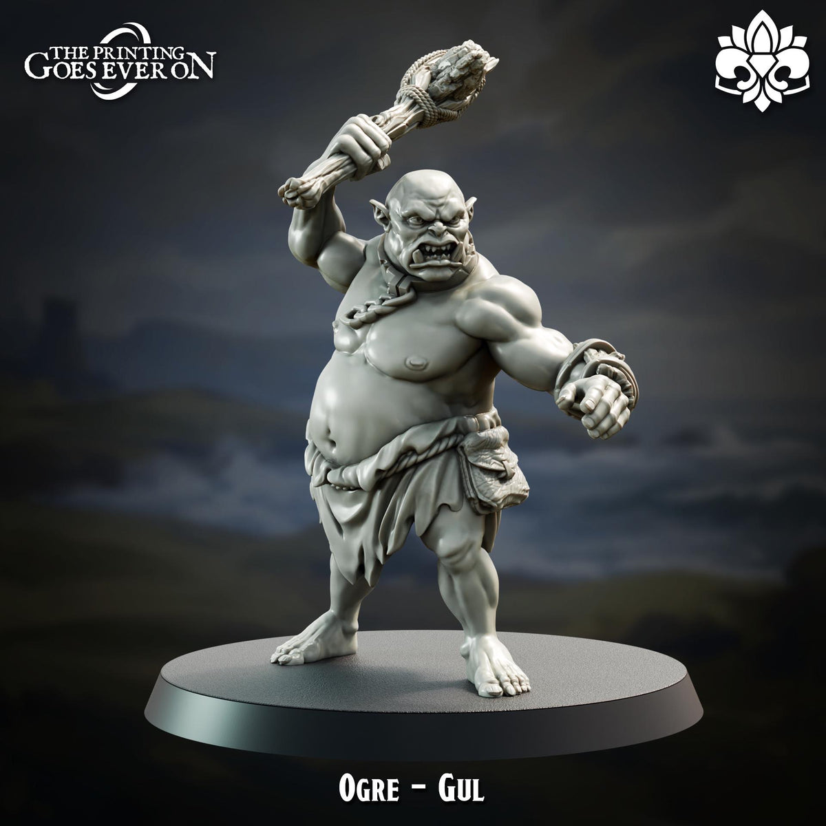 A 3D model of a muscular, bearded, and horned figure with a large club in its hand, standing on a platform.