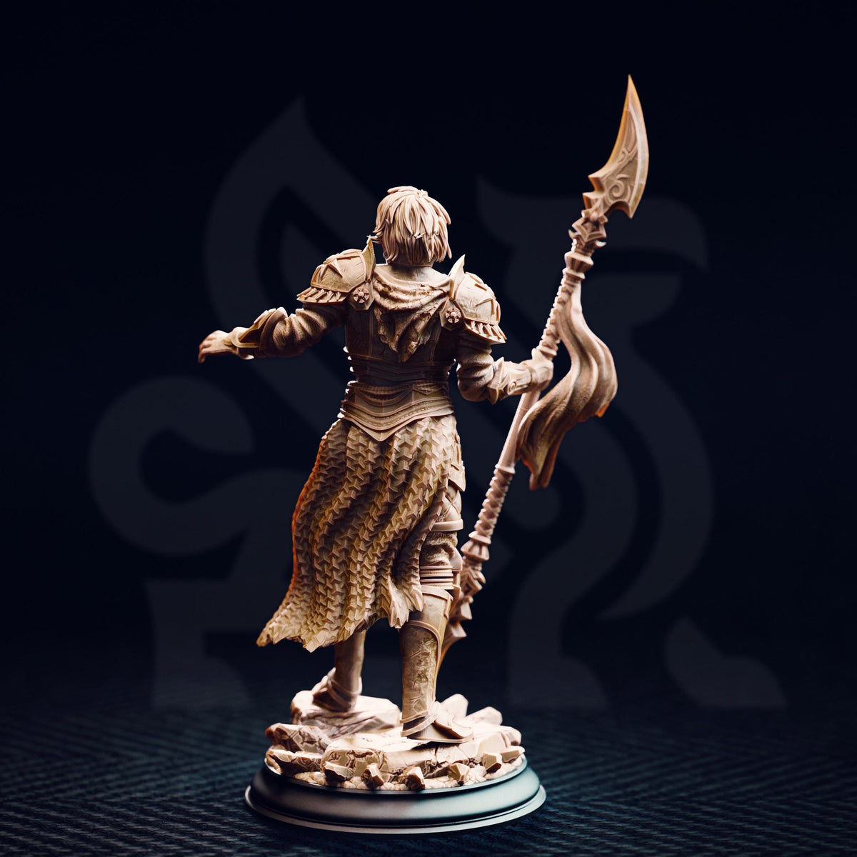 A detailed 3D model of a warrior figure holding a spear and standing on a pedestal against a dark background.