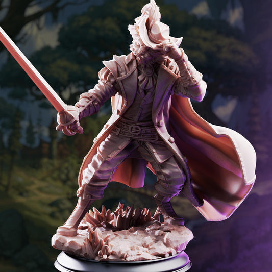 A detailed 3D model of a knight in shining armor, wielding a sword and standing on a rocky base.