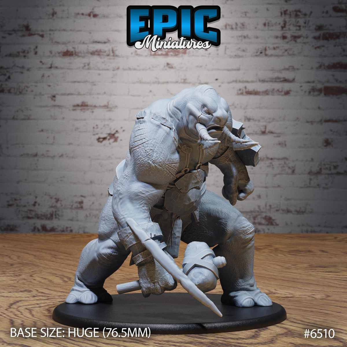 a large, detailed statue of a monster or creature, possibly a dragon or serpent, posed in a dynamic fighting stance. The statue is displayed on a black base, and the background is a brick wall. The image is described as a "BASE SIZE: HUGE (76.5MM)" and "#6510".