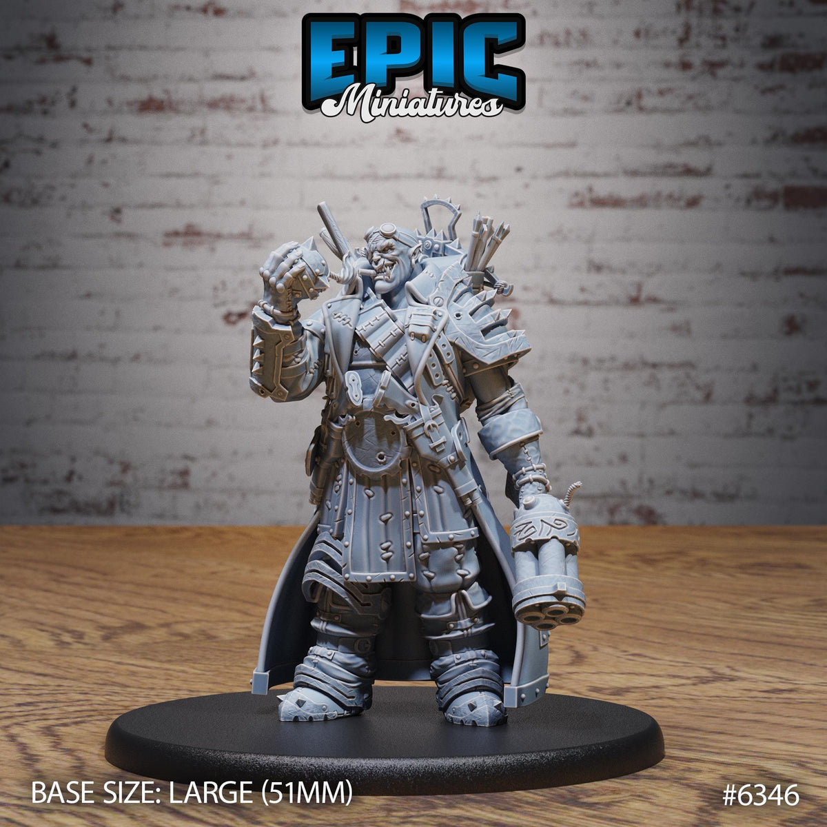 A detailed model of a character from the video game Epic Miniatures, standing on a black base and holding various items.
