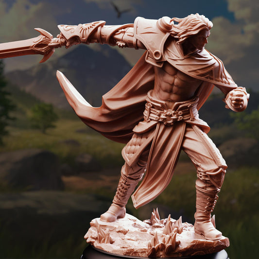A detailed, sculpted statue of a muscular, armored figure wielding a sword and shield, set against a mountainous landscape.