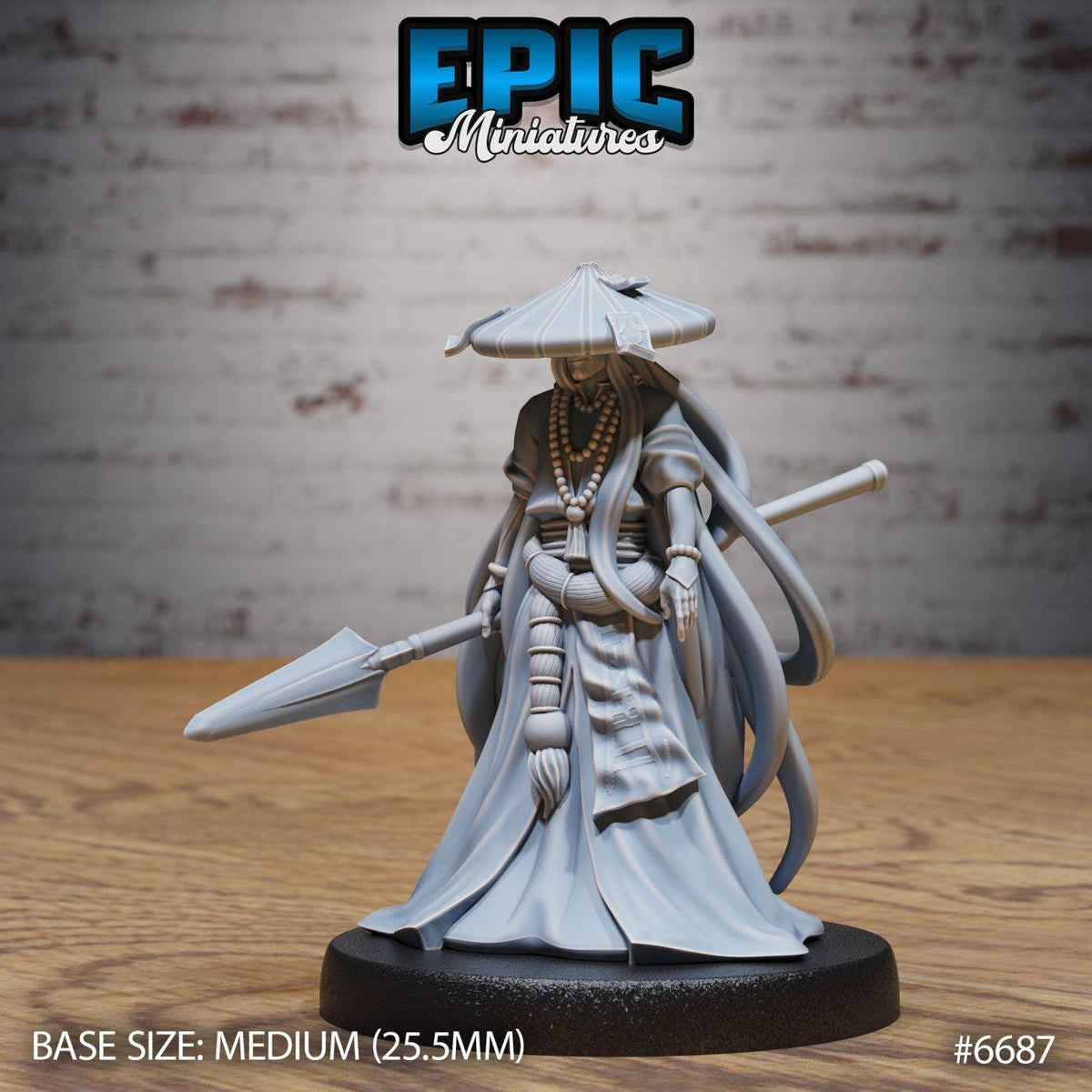 A figurine of a person wearing a traditional Asian-style outfit, including a conical hat, standing on a black base.